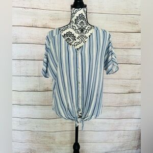 Como Vintage Women’s Blue White Striped Short Sleeve Button Up Tie Front Top
